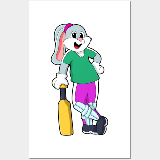 Rabbit at Cricket with Cricket bat Posters and Art